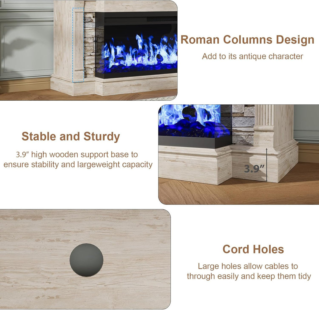 Fireplace TV Stand for TVs up to 65", Farmhouse 52"Fireplace Entertainment Center with 36" 3-Side Glass Electric
