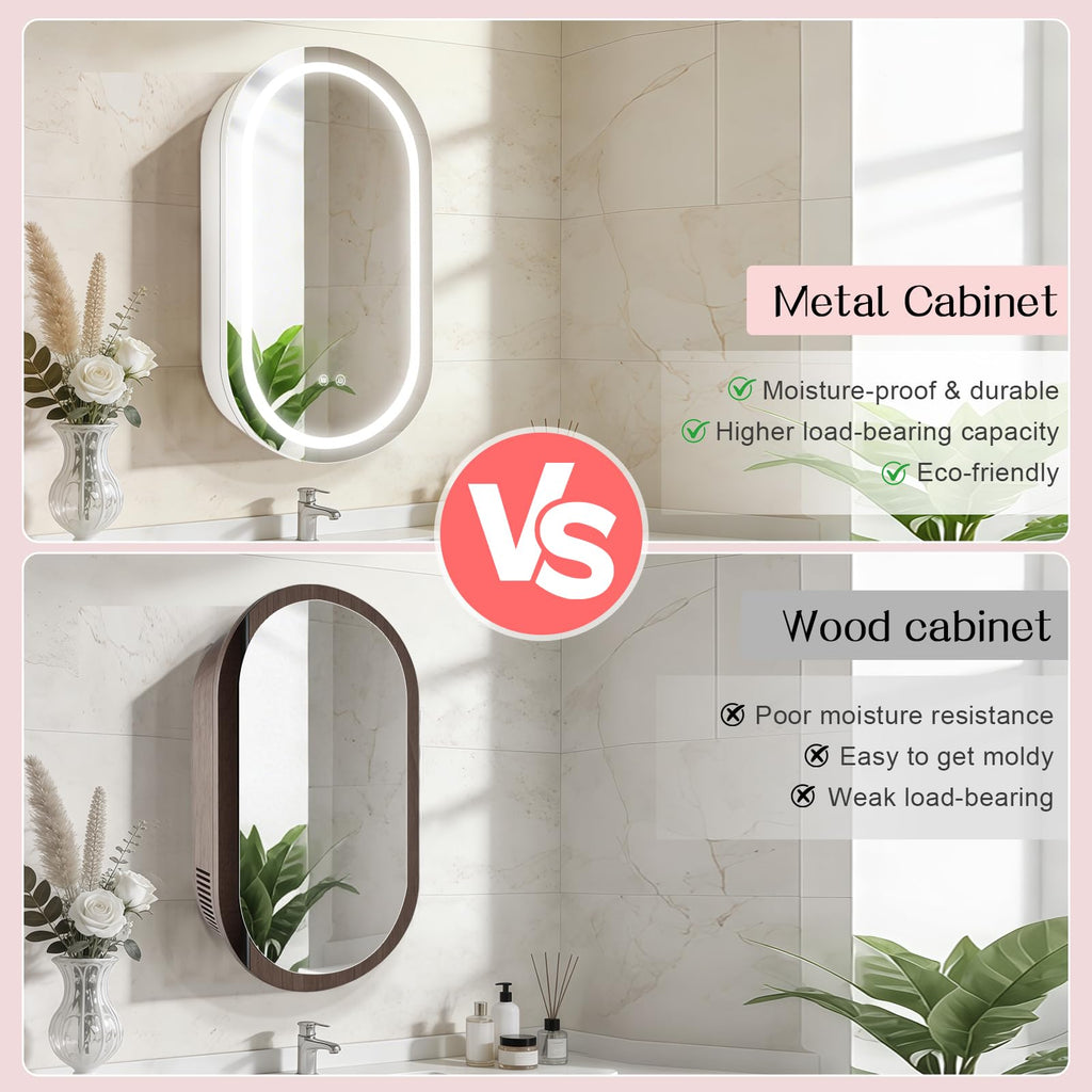 Oval Medicine Cabinet with Light, LED Medicine Cabinet, USB Shaver Socket, Internal Light, Steel with Powder Coating, Soft