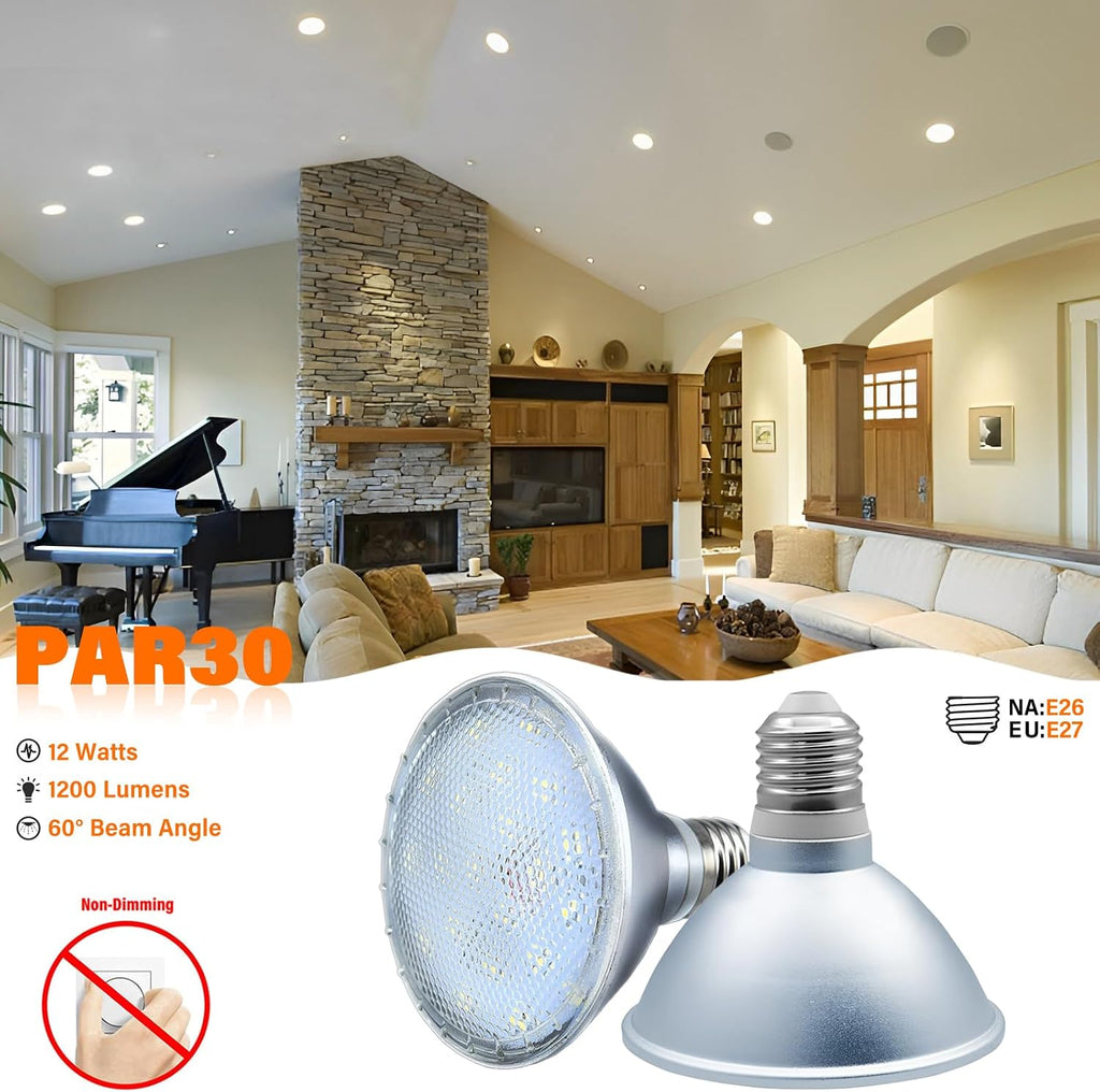 ) PAR30 Flood Light LED Bulb 12 Watt 1200 Lumens (75 Watt Eqv.) Indoor/Outdoor Spotlight Bulb, AC 85V-265V