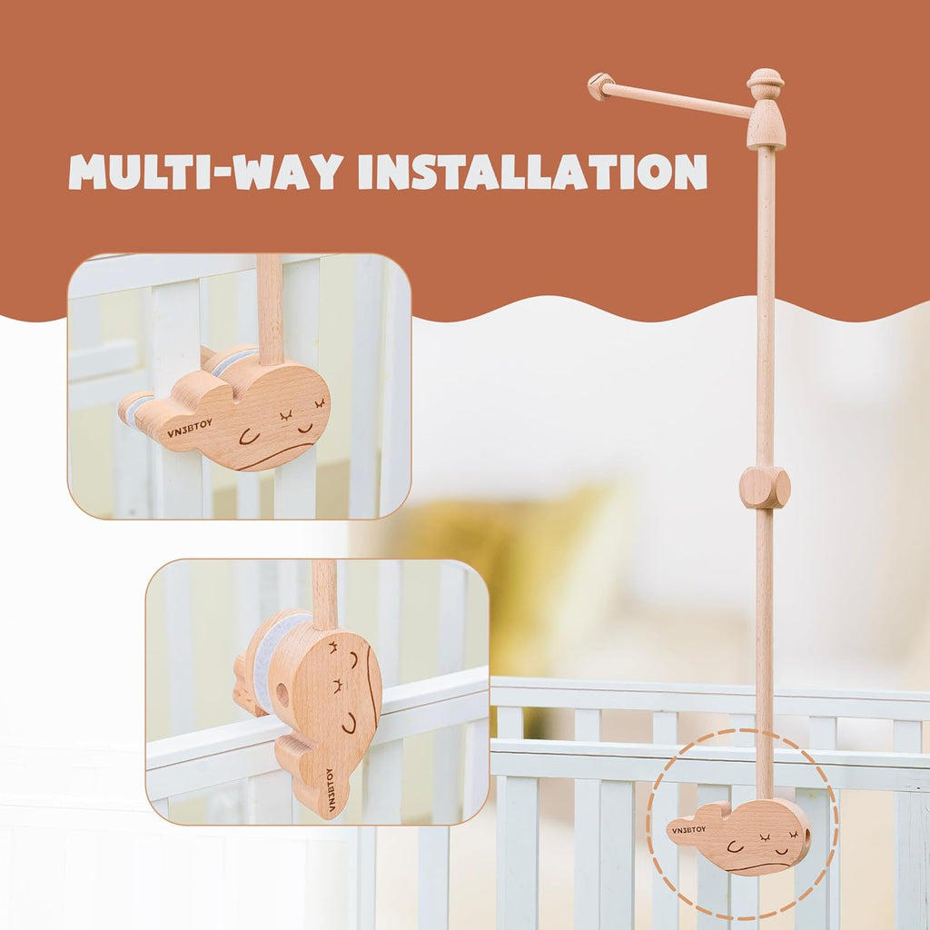 Wooden Baby Crib Mobile Arm, 31 Inch, Solid Beech Wood, 360° Rotatable, Whale Design, Adjustable, Anti-Slip, Mobile