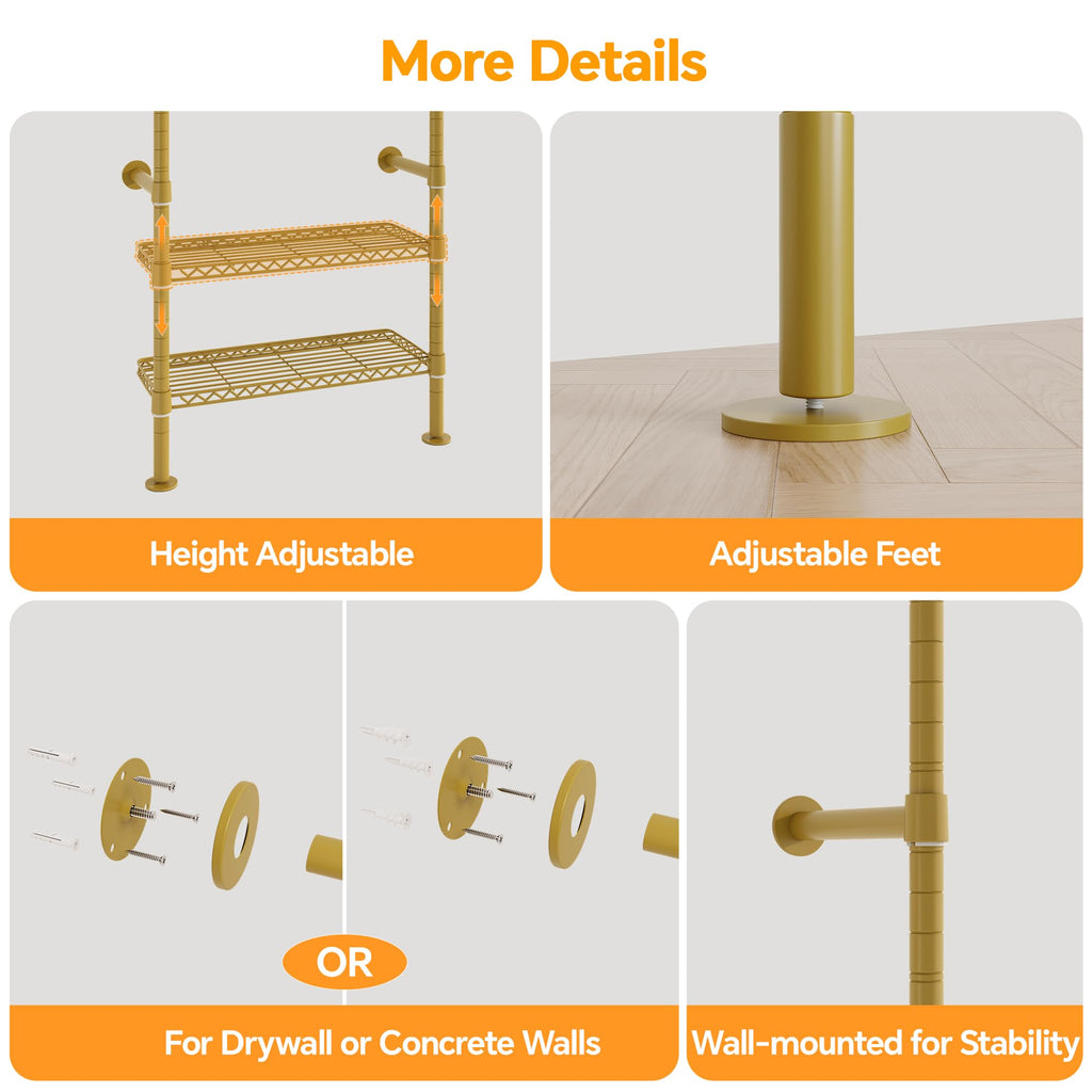 W4 Wall Mounted Clothes Rack, Industrial Pipe Clothing Rack, Gold