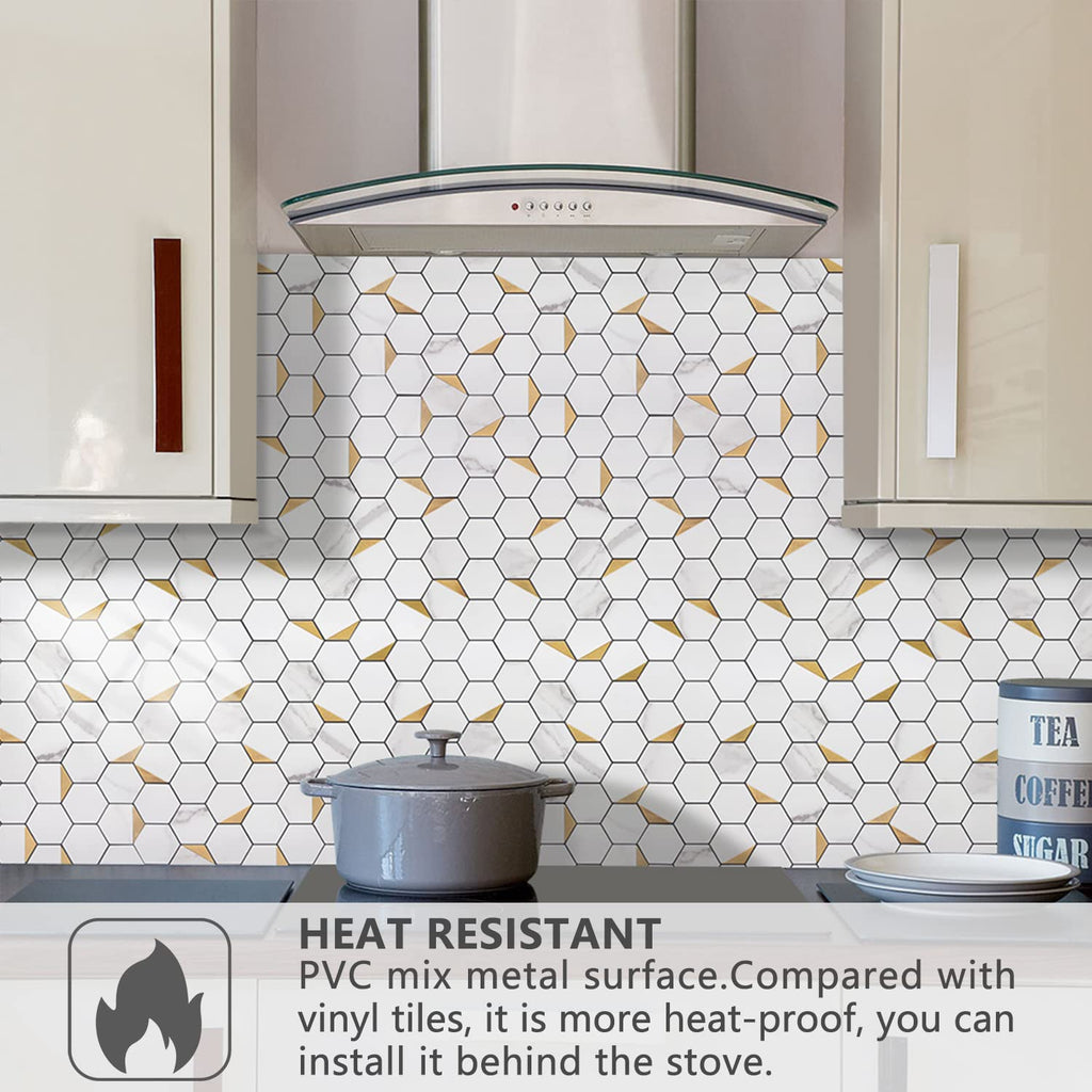 Peel and Stick Backsplash , Self-Adhesive Tile Hexagon Mosaic Tiles (10 Sheets, White Marble with Metal Gold )