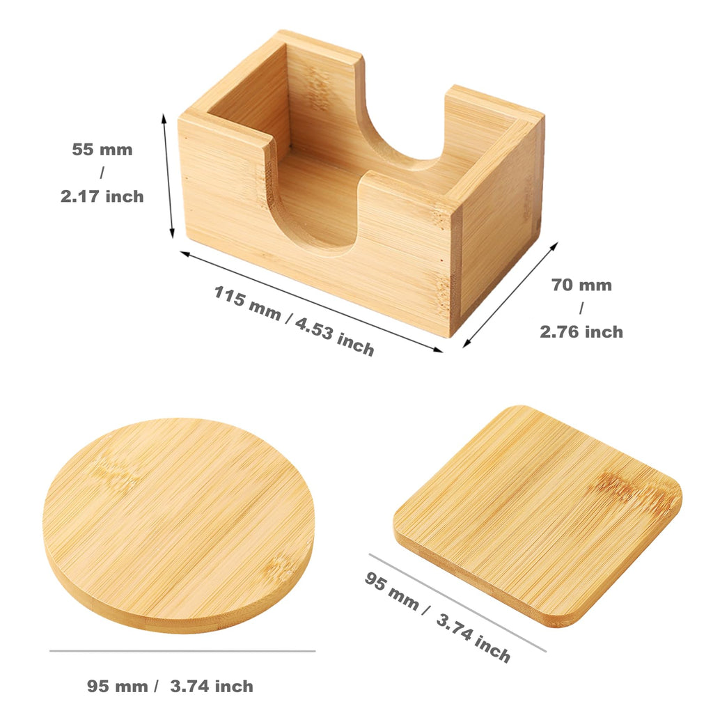 Bamboo Coasters Set of 6 with Holder, Table Protection Coasters