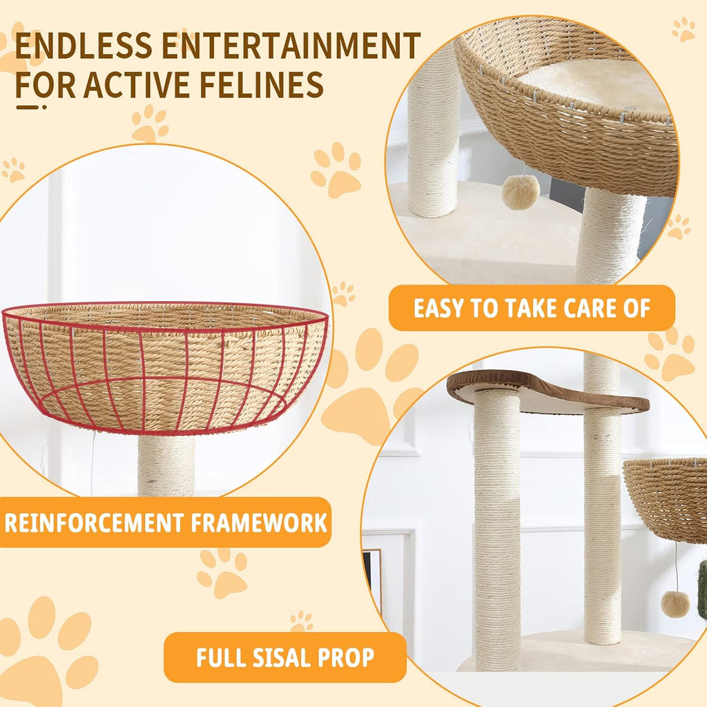 52" Modern Cat Tree Tower for Large Cats, 3Cat Nests Manual Hand Woven Multilevel Huge Paws Pals Cat Tree, Wood Cat