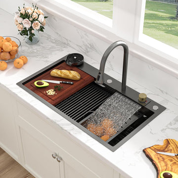 33 Inch Waterfall Kitchen Sink - 33x19 Black Waterfall Drop In Sink Workstation Stainless Steel 16 Gauge Sink
