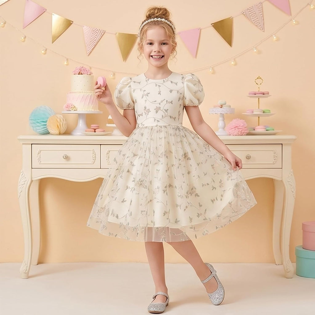 Kids Girls Short Sleeve Embroidery Floral Lace Tulle Dress