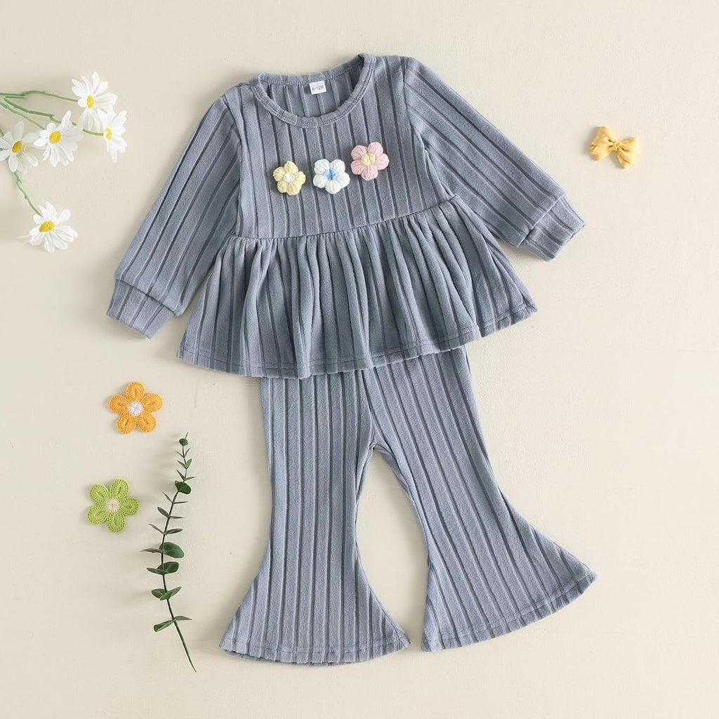 Toddler Baby Girl Clothes Flower Plush Long Sleeve Shirt Flare Pants Set