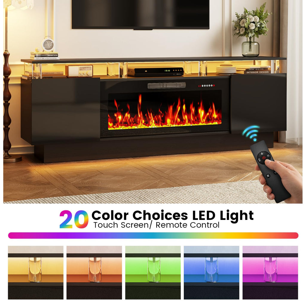 With 36" Fireplace, 70 Inch Black Fire Place TV Stands, Modern Electric with Cabinets & Acrylic Columns