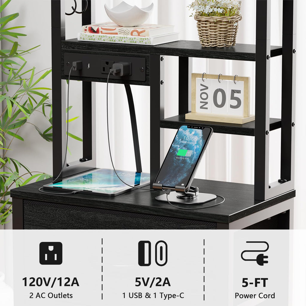 Black Nightstand with Bookshelf, Tall Bedside Table & Night Stand