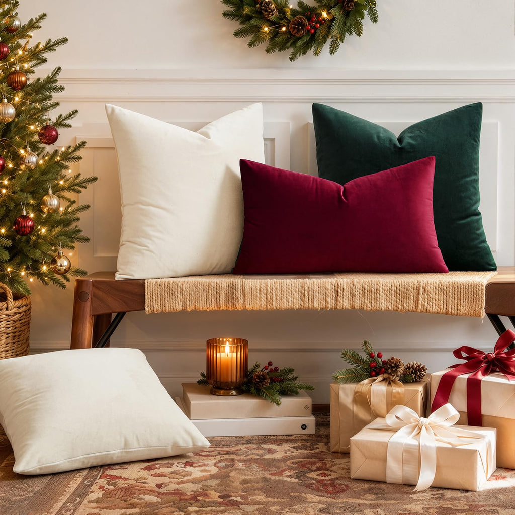 12x20 Inch Lumbar Velvet Christmas Throw Pillow Covers Wine Red