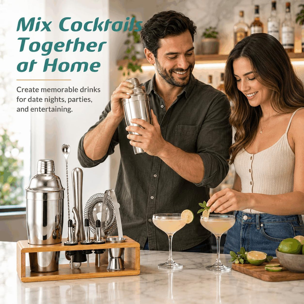 Cocktail Shaker Set, 18/8 Food-Grade Stainless Steel Mixology Bartender Kit 10-Piece Bar Tools with Stylish Bamboo - Set of 10