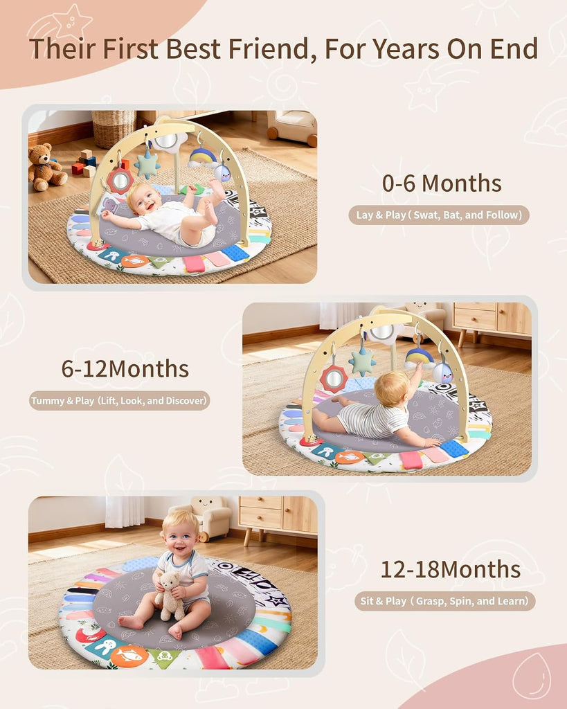 Play Gym Activity Mat, Tummy Time Play Mat for Babies 0-6 Months with 6 Detachable Newborn Infant Toys, Promote Motor