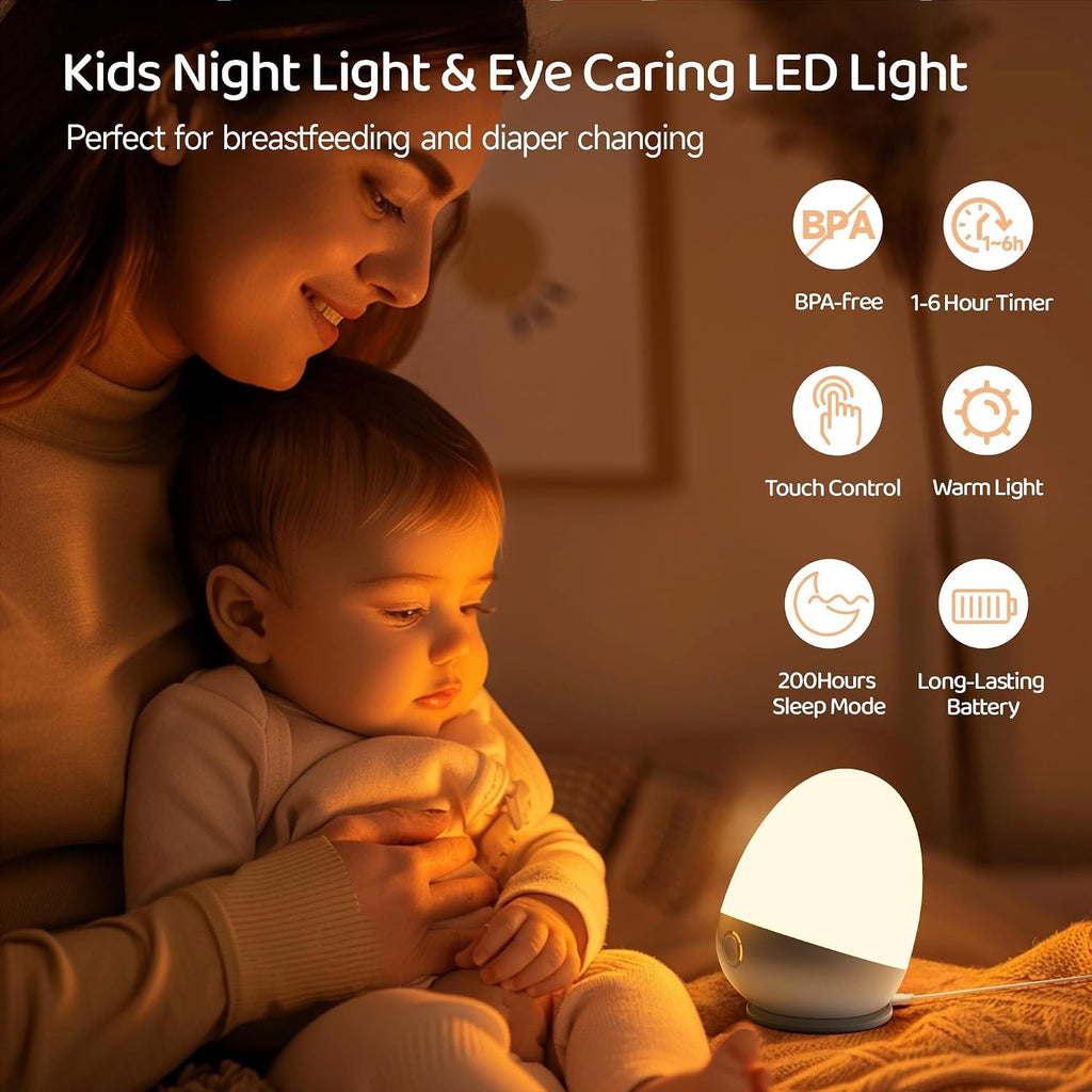 Touch Egg Night Light for Baby Nursery, Rechargeable Portable Kids Nightlight Lamp with 1-6H Feeding Timer, 3 Color