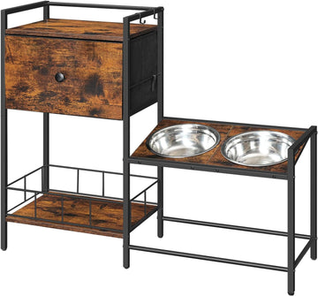 Elevated Dog Bowls Stand with Drawer, Height Adjustable Raised Feeding Station Cabinet with Storage Basket, 4-IN-1