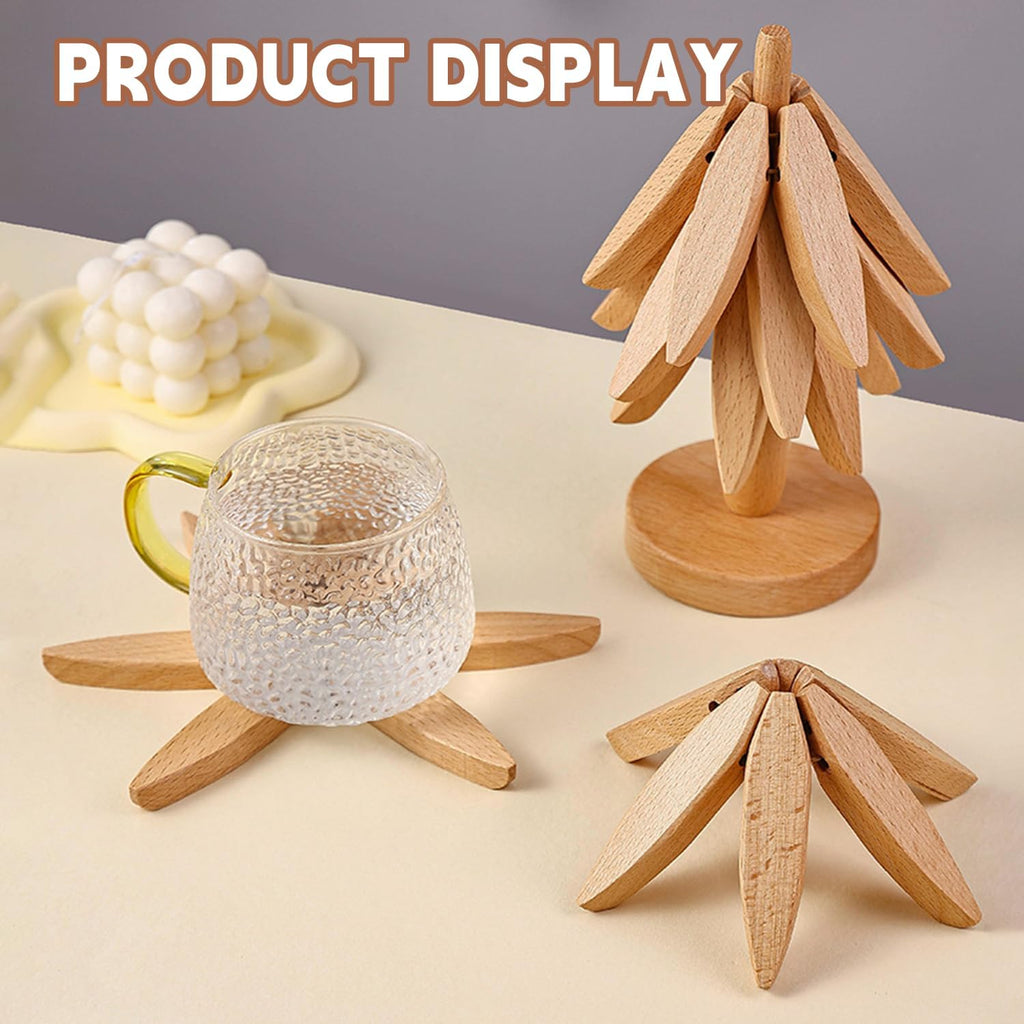 Wooden Trivets for Hot Dishes, Tree Shape Trivet Set, 4 Walnut Wood + 1 Stand stored Like a Christmas Tree,Foldable