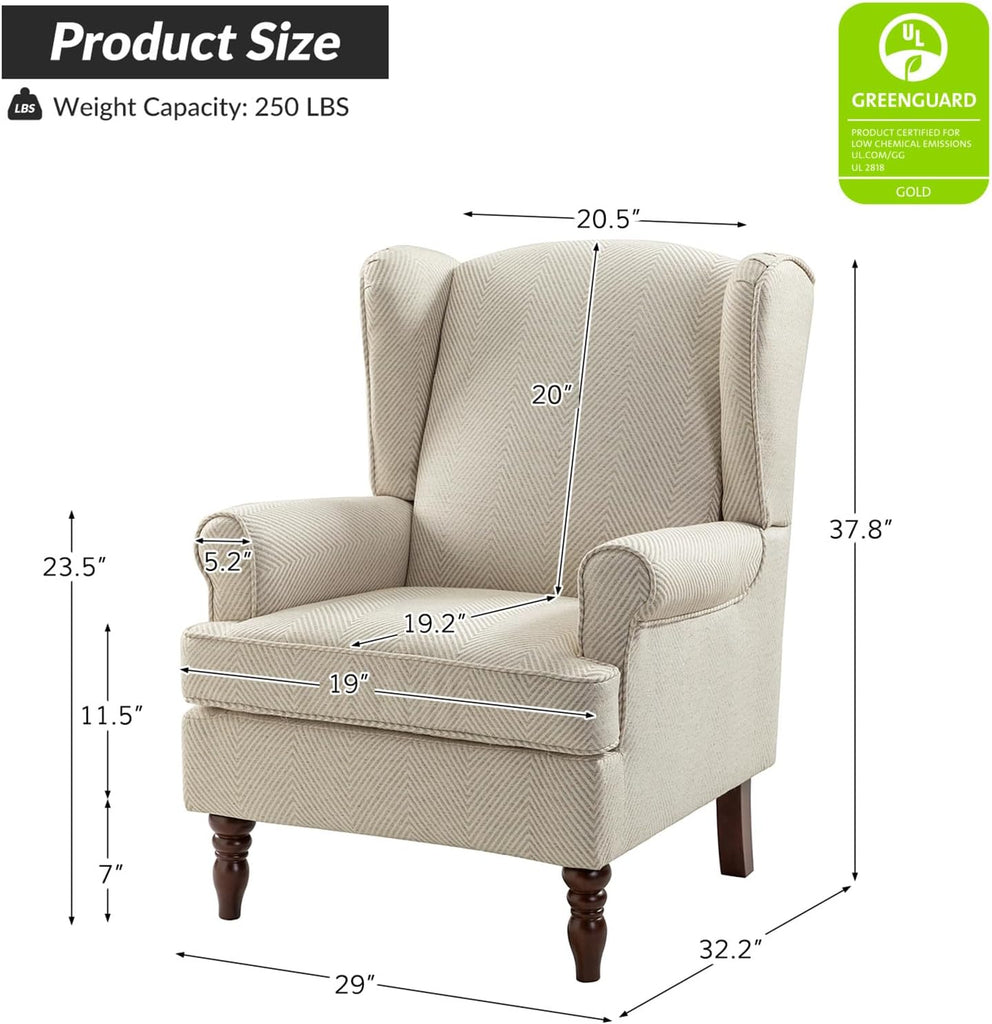 Wingback Accent Chair with Retro Wooden Legs, Traditional Fabric Armchair Bedroom, Comfy Upholstered Single Sofa