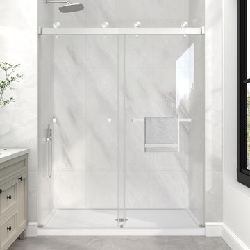 Frameless Shower Door, 55-60" W x 76" H Double Sliding Glass Shower Door