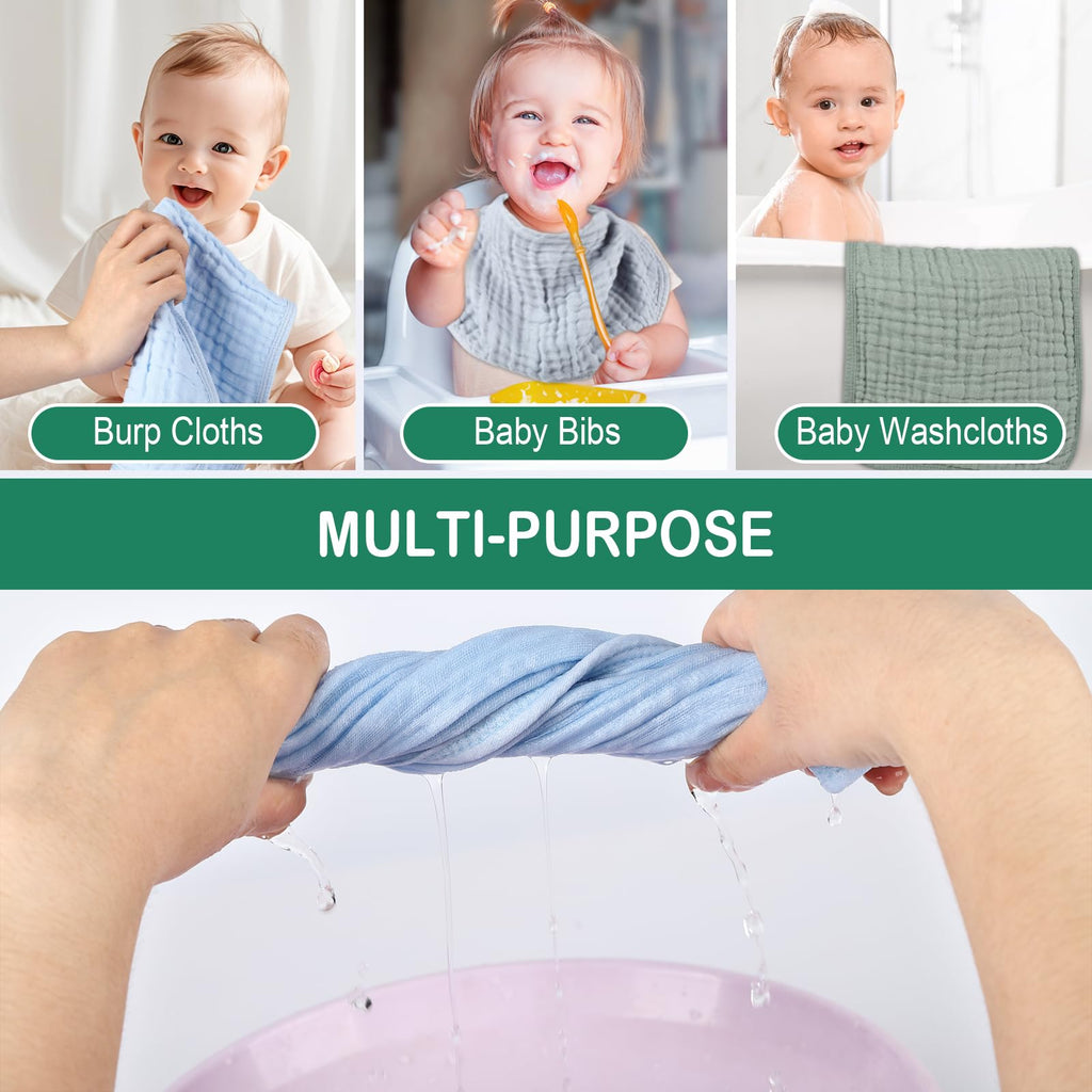 10 Pack Muslin Burp Cloths, 20x10Inch, 10 Mixed Colors, Soft Absorbent Baby Burping Rags