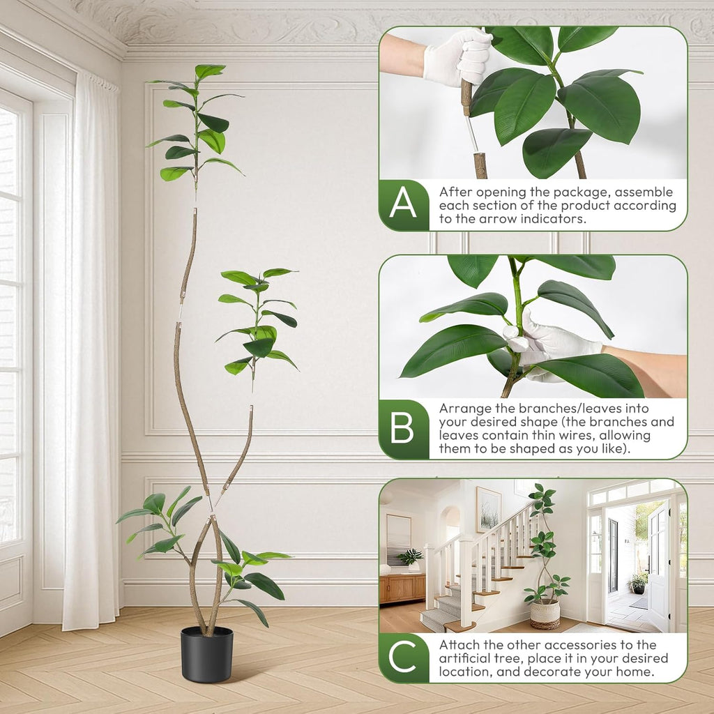 7FT Artificial Plants Rubber Tree with Black Resin Pot& White Stone Faux Fiddle Leaf Fig Tree Indoor Artificial Trees