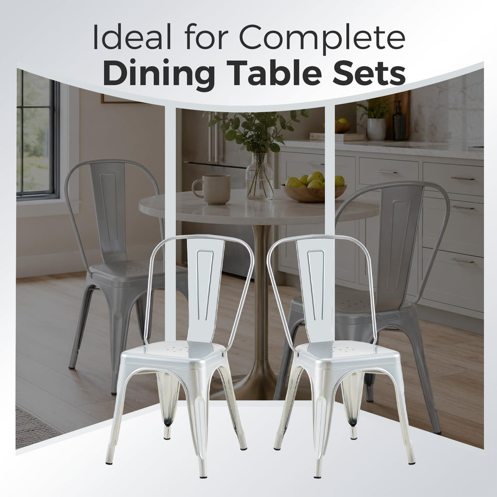 Metal with Backrest, Stackable, Silver, 8 Pack