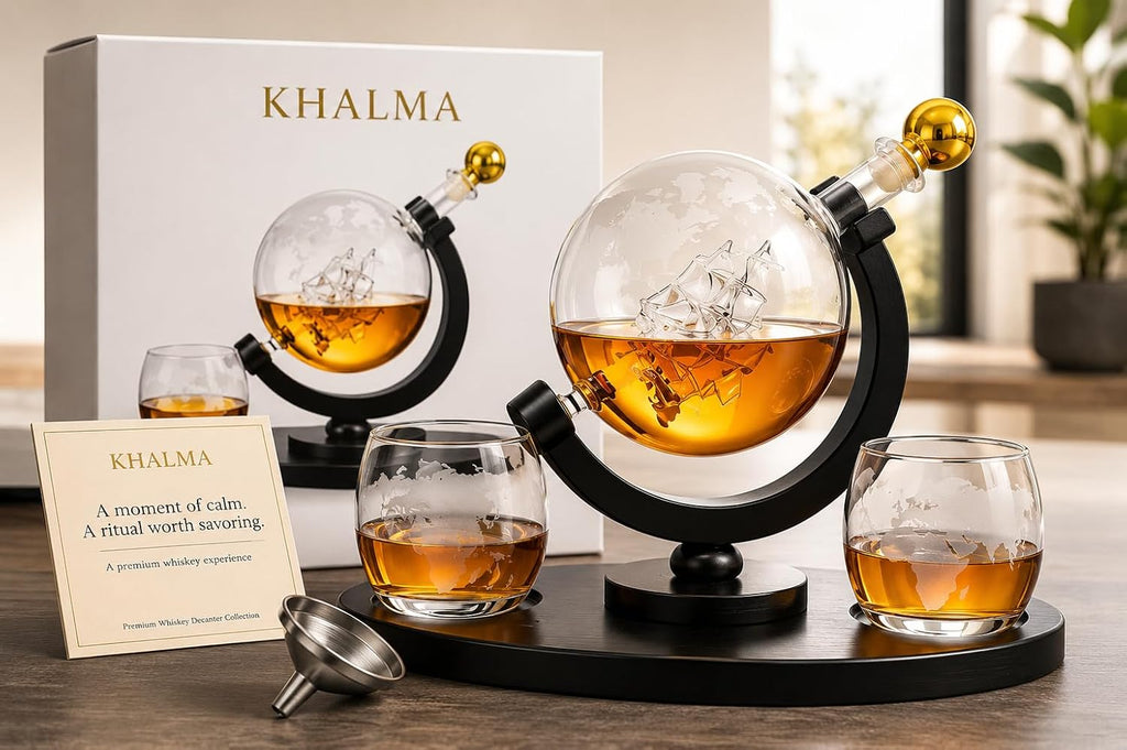 Ry Whiskey Decanter Set for Men, Whiskey Globe Decanter with 2 Etched Glasses, High End Bourbon & Scotch Gift - Set of 7