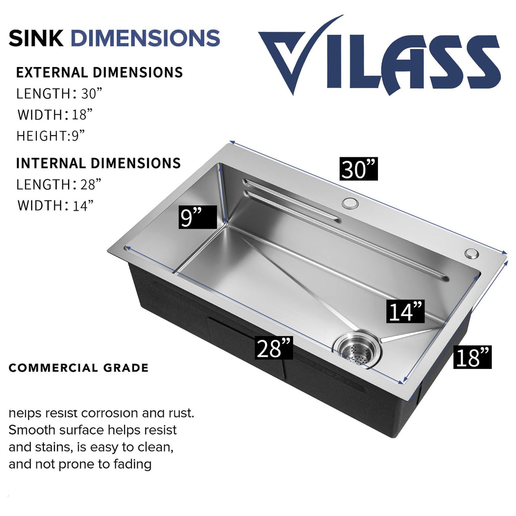 Kitchen Sink 30 Inch Drop Sink With Faucet Modern Stainless Steel Sink Top Mount Workstation Single Bowl Kitchen Sinks