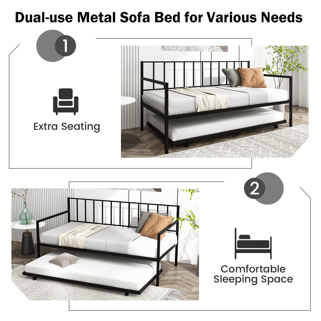Twin Daybed with Trundle, Metal Bed Frame with Trundle, Daybed & Trundle Frame Set with Wheels & Metal Slat Support