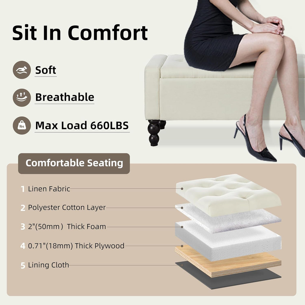 50" W Storage Ottoman Bench with Safety Hinge, Load up to 660 lb Ottoman with Storage, Upholstered Tufted Entryway