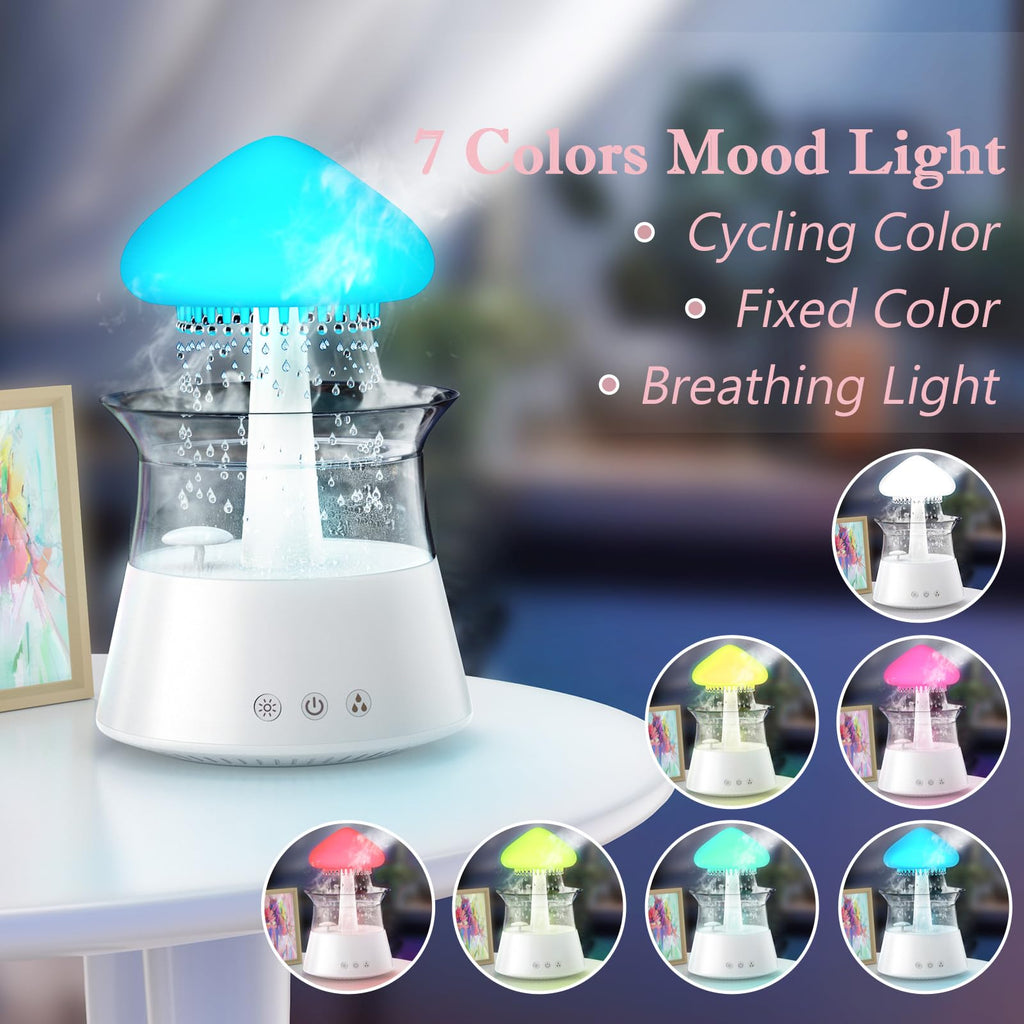 Cloud Humidifier Rain Water Drip Diffuser Humidifier with Remote Waterfall Lamp Mushroom Humidifier Rain Sounds White