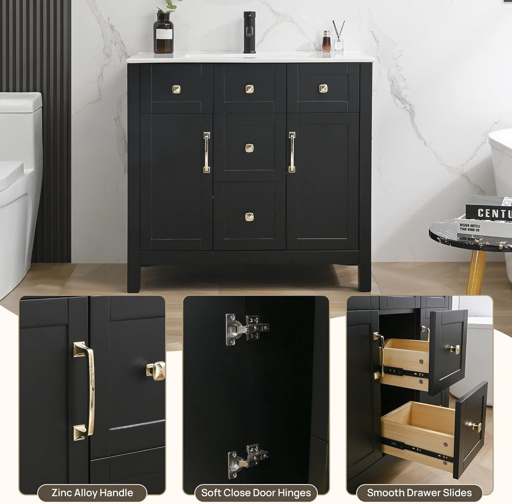 16-Inch Modern Bathroom Vanity with Sink – Compact Freestanding Storage Cabinet with Adjustable Shelf, Black