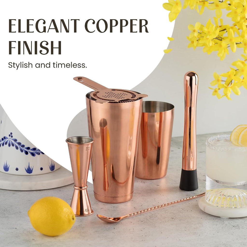 Deluxe Copper Cocktail Shaker Set - Weighted Boston Shaker Kit for Bartenders - Includes Japanese Jigger, Muddler - Set of 11