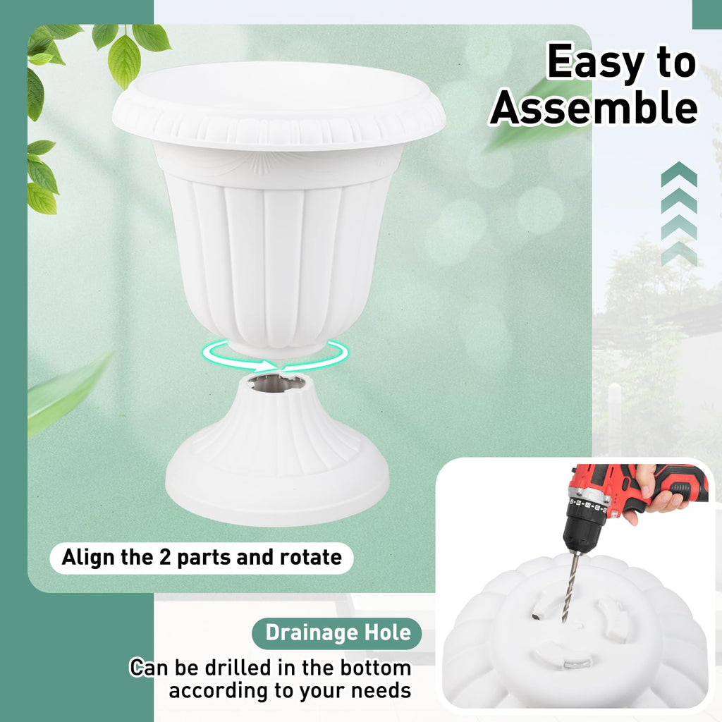 18" Tall Vintage Planters Set of 4, Urn Plastic Flower Pots with/Pedestal Base & Pre-Marked Drain Hole, Indoor
