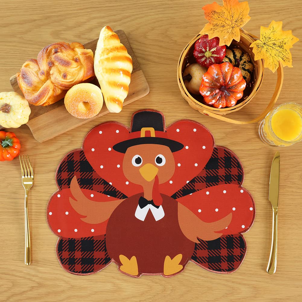 Thanksgiving Placemats Set of 4 - Fall Placemats for Dining Table Orange Brown Plaid, Harvest Turkey Placemats for