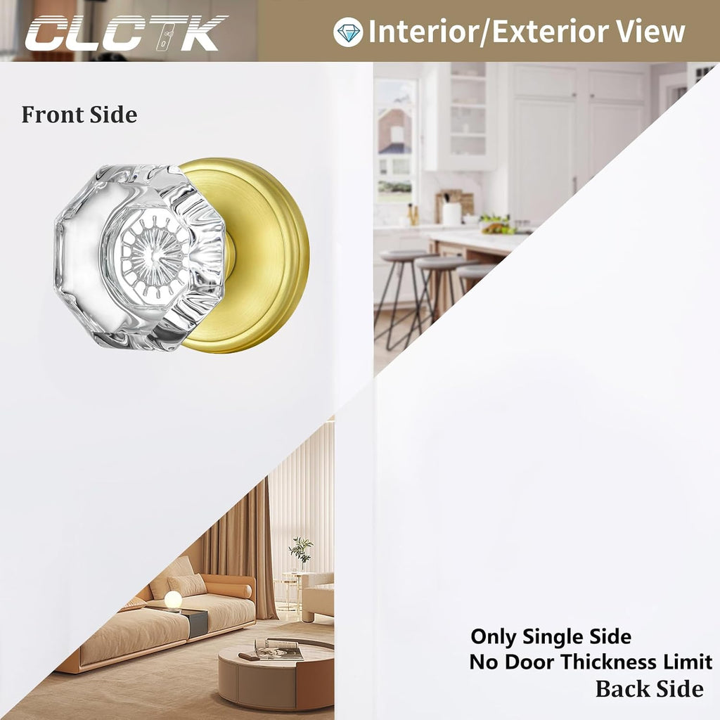 2 Pack Gold Dummy Door Knobs Interior, Non Turning Crystal Glass Dummy Door Knobs for Hall Closet Bifold, Satin Brass