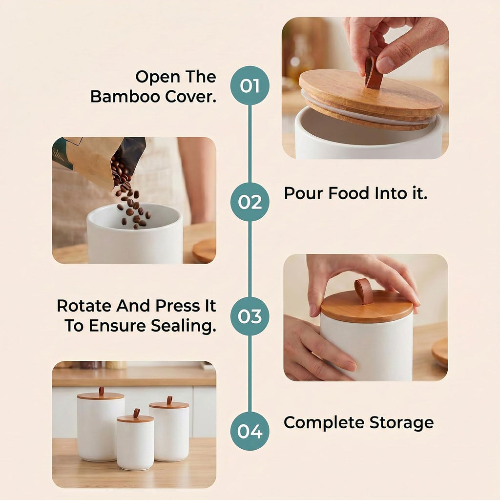 White Ceramic Food Storage Canister Set (30 oz, 48 oz, 82 oz) with Bamboo Lids, 3-Piece Airtight Jars for Flour - Set of 3