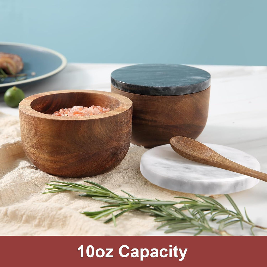 Acacia Wood Salt Cellar with white Marble Lid, 10oz Pinch Pot & Spoon