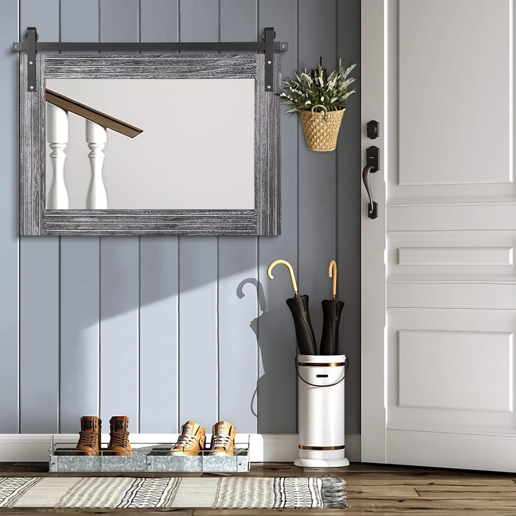 Rustic Wall Mirror with Wood Framed Barn Door Mirror Rectangular Bathroom Mirror 18"x26" Bedroom Living Room Entrance