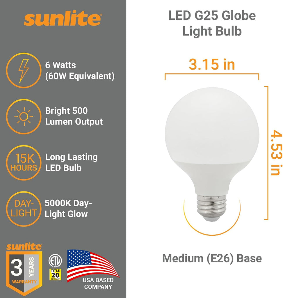 LED G25 Globe Light Bulb, 6 Watts (60W Equivalent), 120V, Medium E26 Base, 500 Lumens, Dimmable, Frosted, 90 CRI