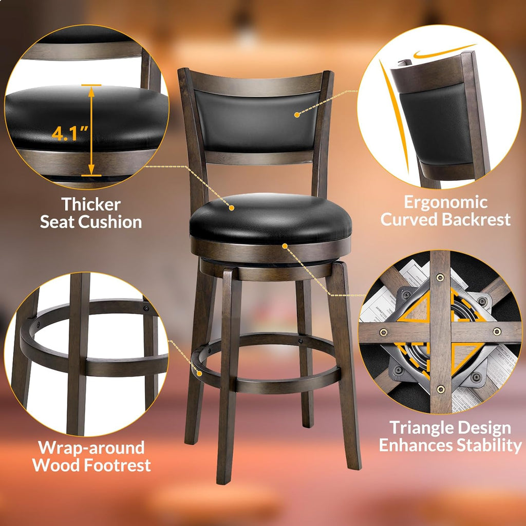 Swivel Bar Stools Set of 2, 24 Inch Counter Height Barstools, Black Faux Leather Bar Stool with High Backrest & Solid