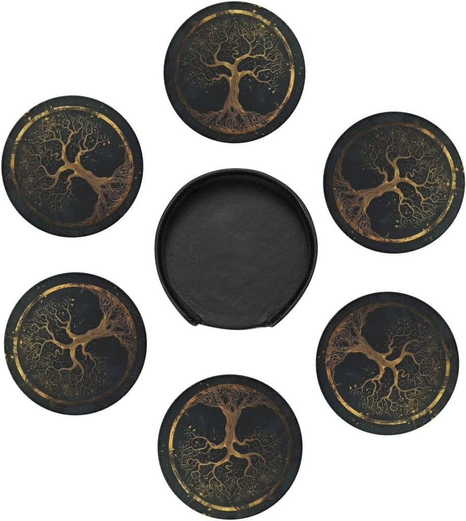 Drink Coasters with Holder Stand, Marble Gold Tree of Life Pu Leather Absorbent Coasters with Cork Base - Set of 6