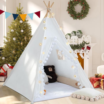 Teepee Tent for Kids with Padded Mat Cotton Canvas Kids Teepee with Pompom for Toddlers Indoor Play Tent for Girls