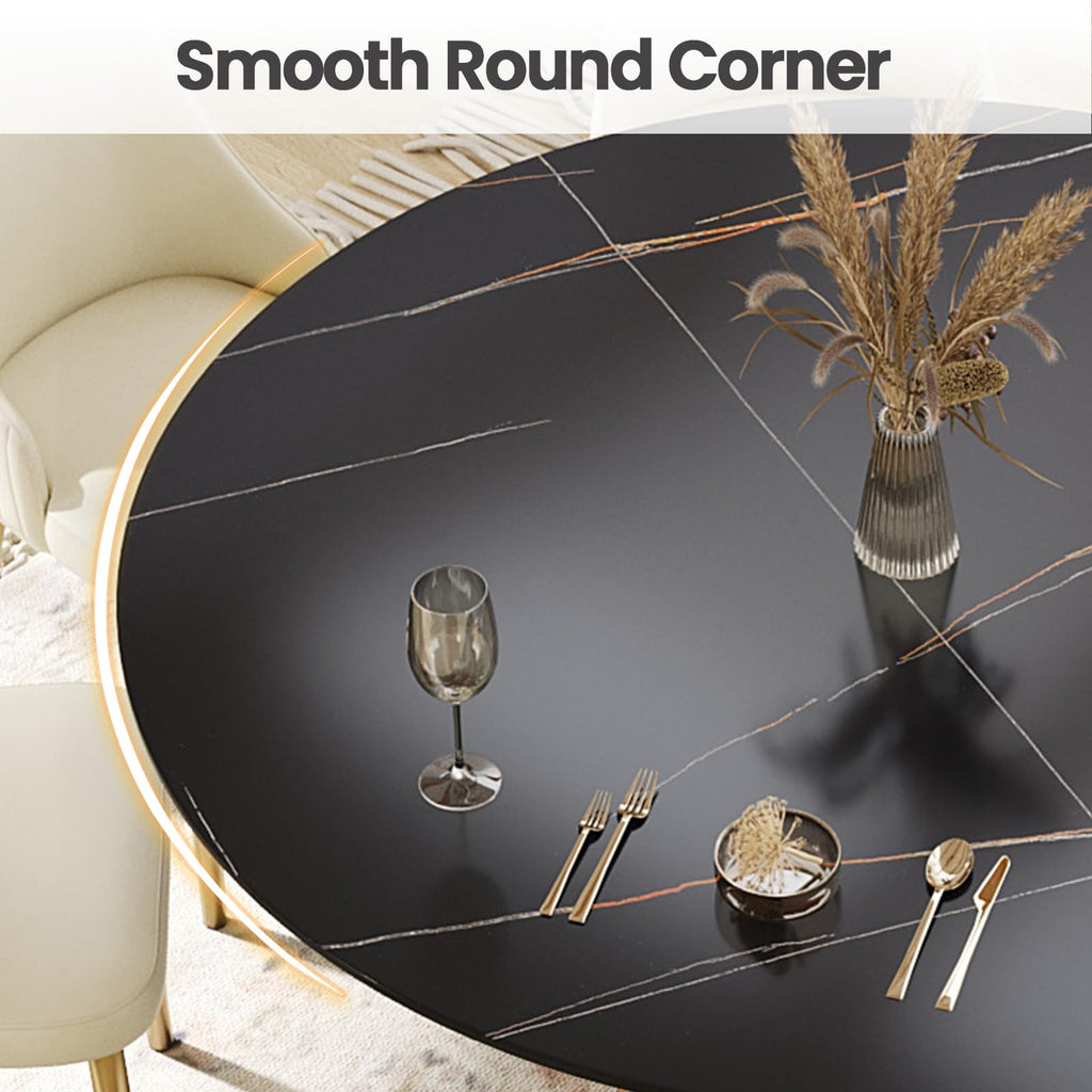 59'' Round Marble Dining Table for 6, Modern Black Sintered Stone Top Kitchen Table with Solid Wood Panel