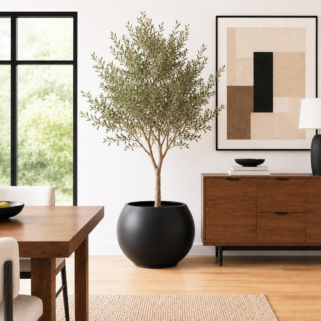 17" H x 21" Dia Modern Large Round Black Fiberstone Planter Pot with Drainage Hole, Lightweight UV-Resistant Planter