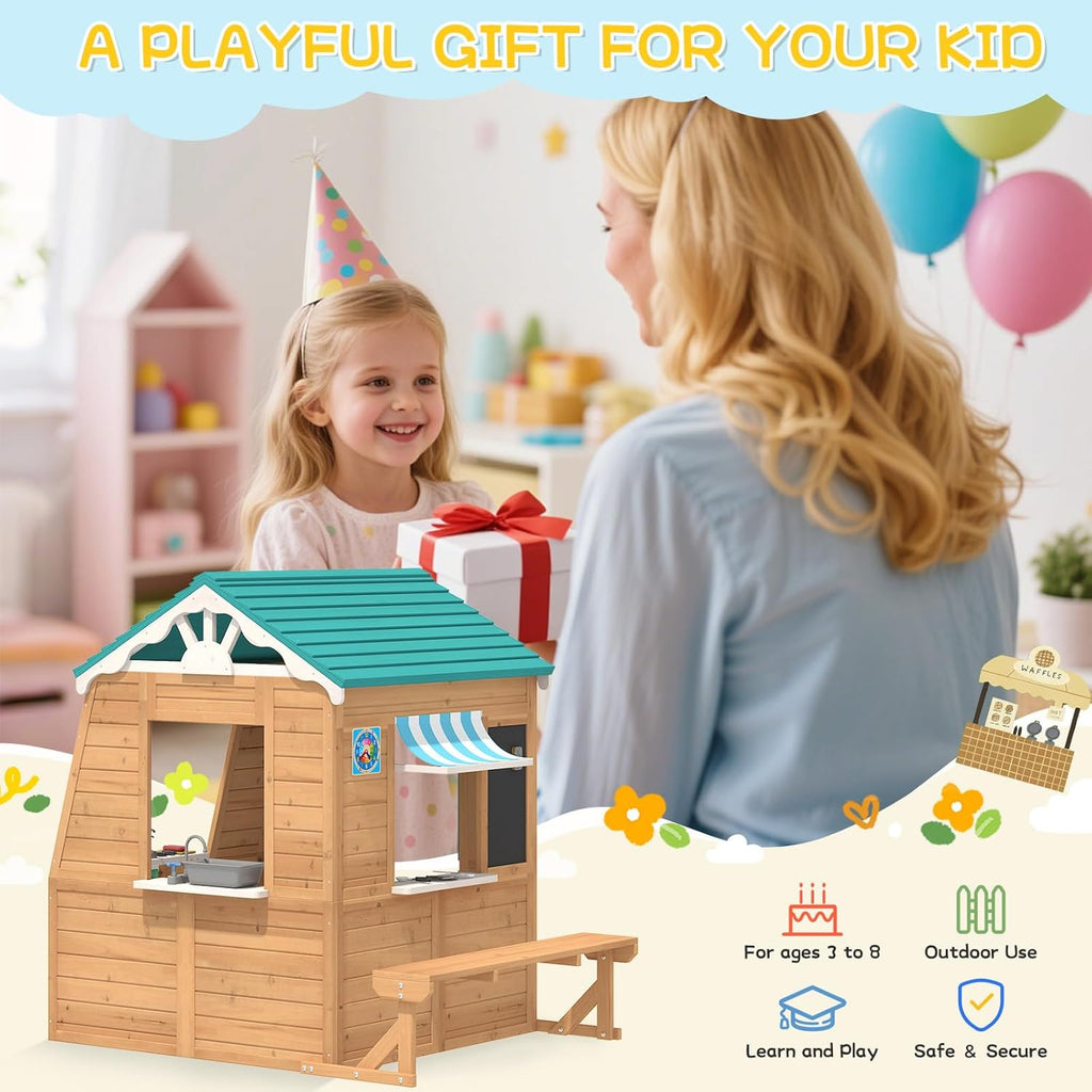 Wooden Kids Playhouse Cottage with Bench, Split Door, Mailbox, Blackboard, Toy Sink & Kitchen Playset, 70.9" x 50.4"