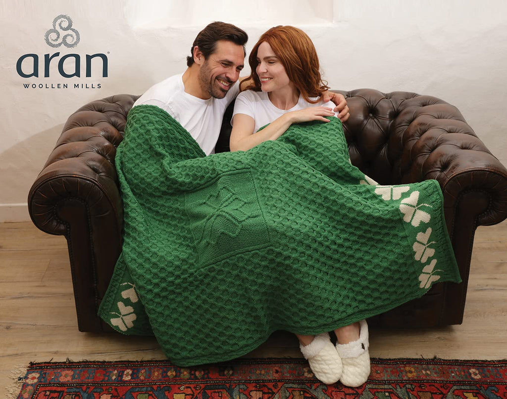 Woollen Mills Irish Shamrock Blanket Cable Knit 100% Couch Throw Made in Ireland (Green)