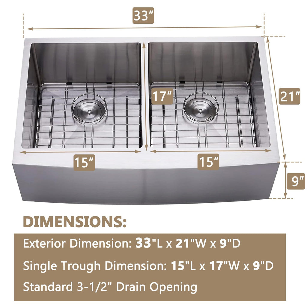 33 Inch Double Bowl Divided 50/50 Farmhouse Sink, 33x21 Stainless Steel Undermount Apron Front Farm Kitchen Sink