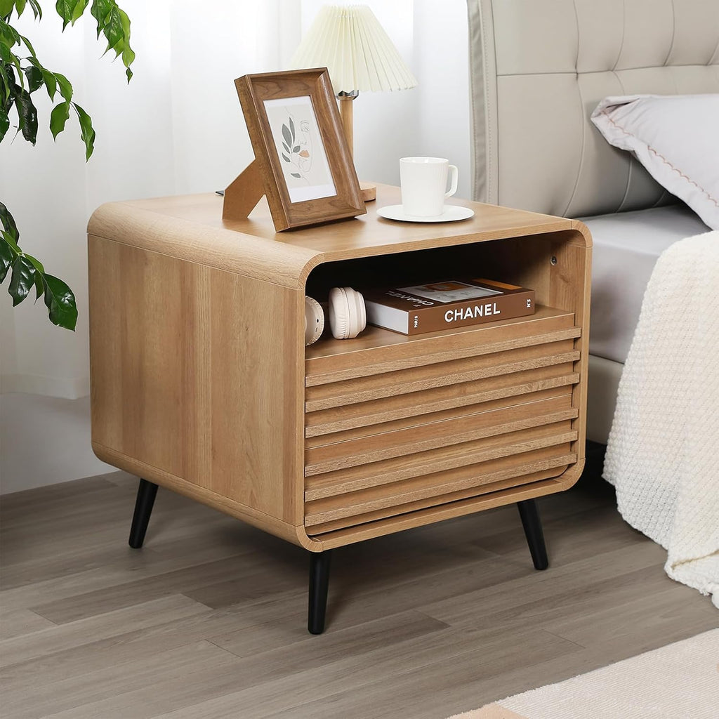 Modern Nightstand with Charging Station, 24" Night Stands with 2 Drawers, Wood Fluted End Table with Storage, Oak