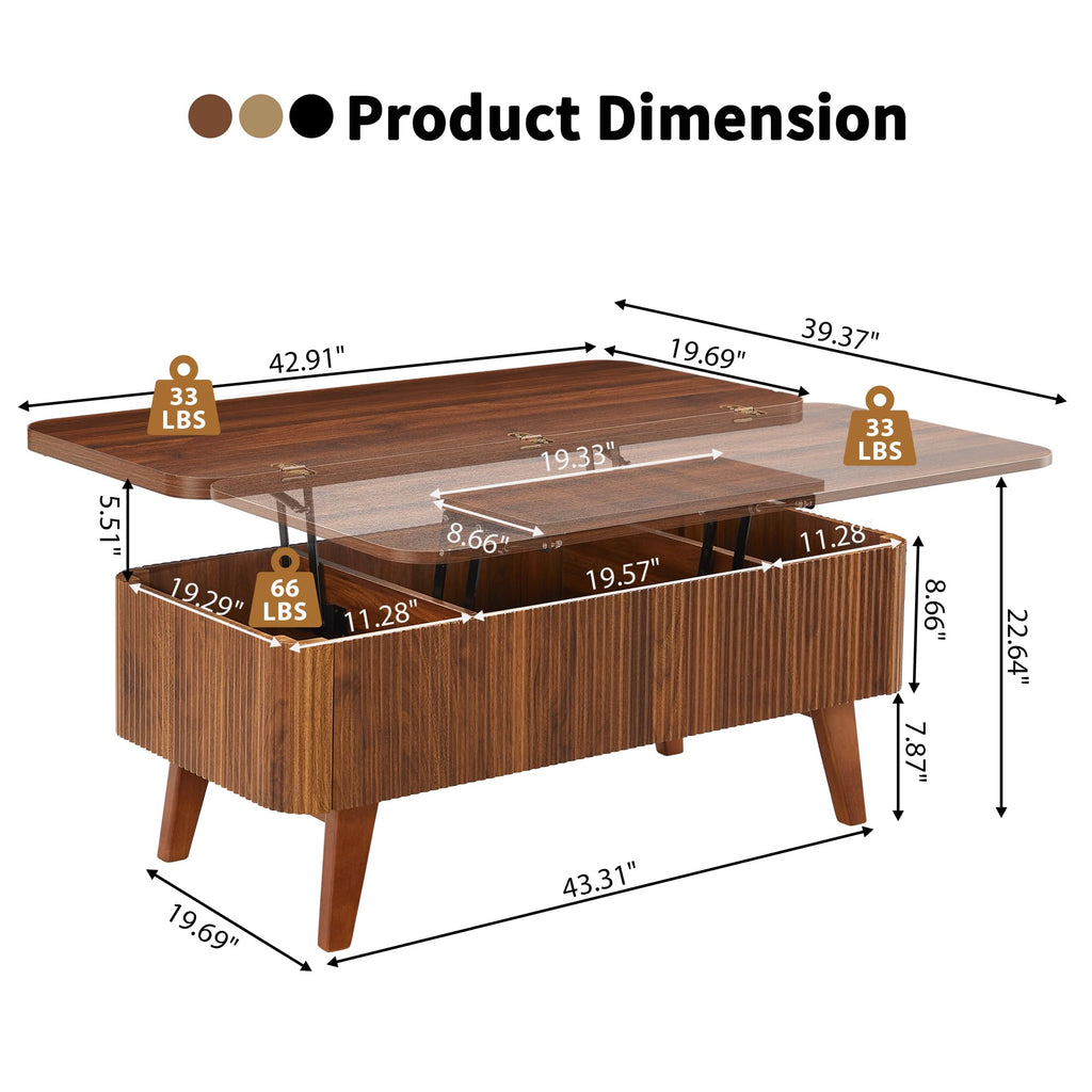 3 in 1 Lift Top Coffee Table, Fluted Convertible Coffee Tables Converts to Dining Tables, Modern Oval Wooden Center