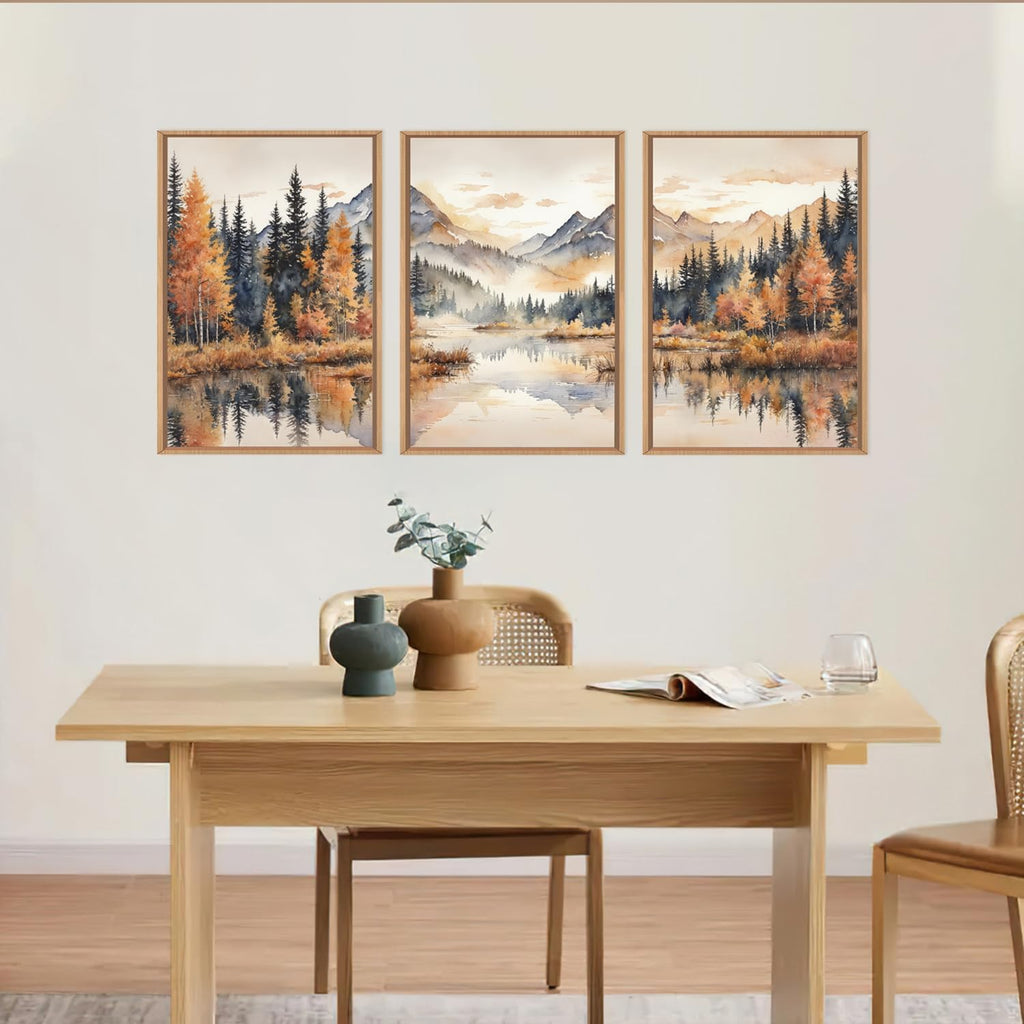 Large Neutral Mountain Framed Canvas Wall Art,Nature Foggy Forest Wall Decor,Watercolor Autumn Landscape Wall