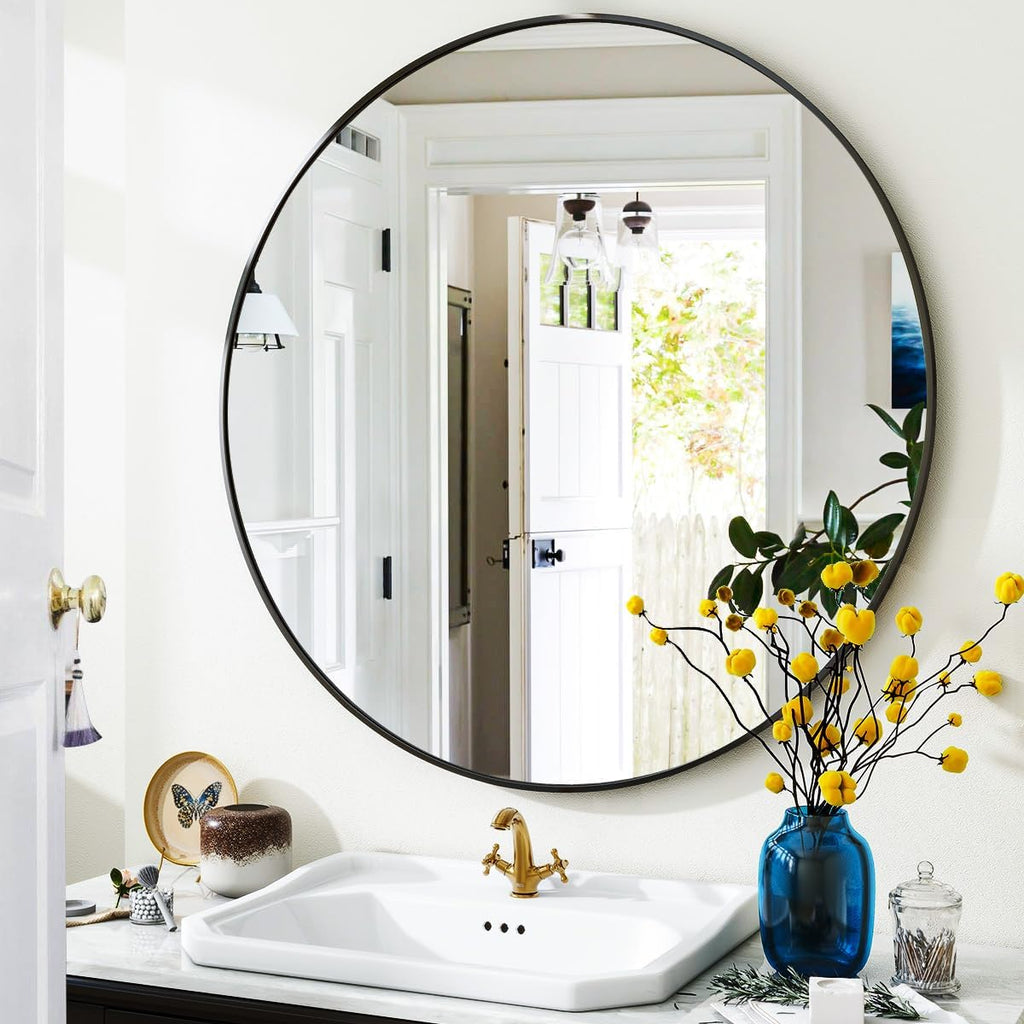 Black Round Bathroom Mirror 30", Thin Metal Frame Wall Mirror